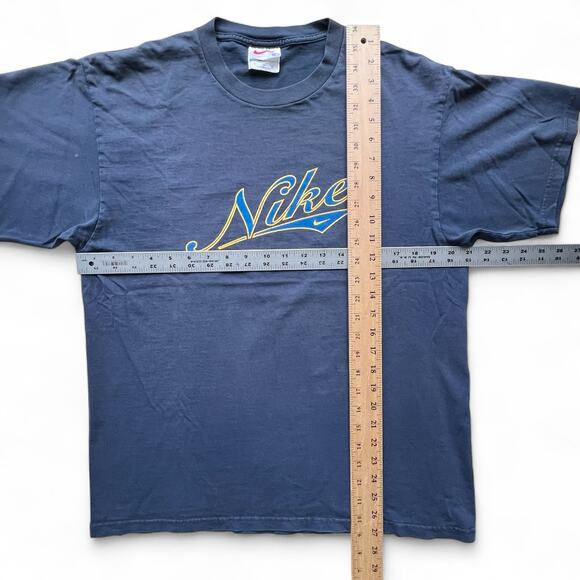 Vintage 90s Nike White Tag Varsity Athletic Script Spellout T Shirt Faded Blue - Picture 8 of 8